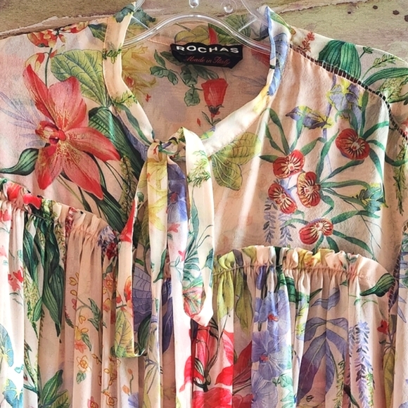 ROCHAS Gorgeous Silk ITALY Flowers Tie Bow Neck Luxury LS Sheer Blouse EUC LN 40 - Picture 6 of 16